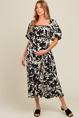 Black Floral Scallop Trim Maternity Midi Dress