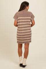 Mocha Striped Knit Contrast Stitch Maternity Mini Dress