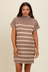 Mocha Striped Knit Contrast Stitch Maternity Mini Dress