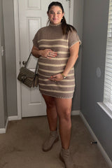 Mocha Striped Knit Contrast Stitch Maternity Mini Dress