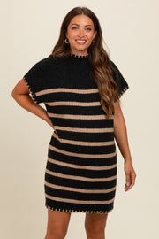 Black Striped Knit Contrast Stitch Maternity Mini Dress