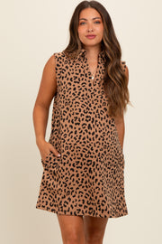 Camel Animal Print Sleeveless Maternity Shirt Dress