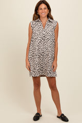 Cream Animal Print Sleeveless Maternity Shirt Dress