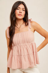 Dusty Pink Square Neck Tie Shoulder Smocked Babydoll Tank