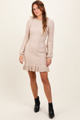 Beige Back Cutout Ruffled Cable Knit Sweater Maternity Dress