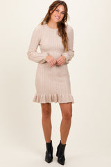 Beige Back Cutout Ruffled Cable Knit Sweater Dress