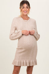 Beige Back Cutout Ruffled Cable Knit Sweater Maternity Dress