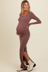 Burgundy Ribbed Long Sleeve Side Slit Maternity Maxi Dress