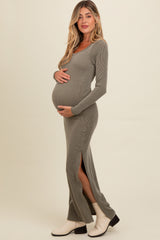 Olive Ribbed Long Sleeve Side Slit Maternity Maxi Dress