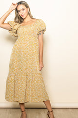 Yellow Floral Puffed Sleeve Midi Dress