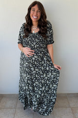 Black Smocked Handkerchief Hem Maternity Dress