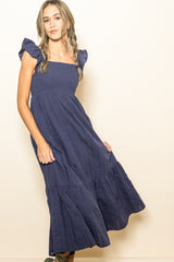 Navy Blue Textured Cotton Ruffle Strap Maternity Midi Dress