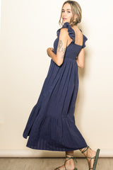 Navy Blue Textured Cotton Ruffle Strap Midi Dress