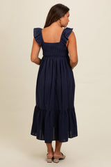 Navy Blue Textured Cotton Ruffle Strap Maternity Midi Dress