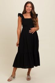 Black Textured Cotton Ruffle Strap Maternity Midi Dress