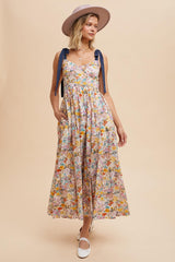 Navy Creme Multi Cotton Floral Maxi Dress