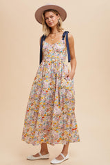 Navy Creme Multi Cotton Floral Maxi Dress