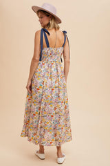 Navy Creme Multi Cotton Floral Maxi Dress