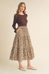 Mocha Floral Knit Midi Dress With Contrast Woven Skirt