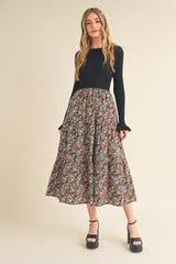 Black Floral Knit Midi Dress With Contrast Woven Skirt