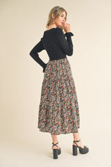 Black Floral Knit Midi Dress With Contrast Woven Skirt