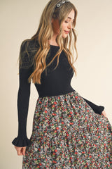 Black Floral Knit Midi Dress With Contrast Woven Skirt