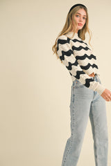 Ivory Black Wave Pattern Pointelle Sweater