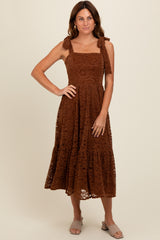 Brown Lace Shoulder Tie Ruffle Hem Maternity Midi Dress