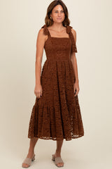 Brown Lace Shoulder Tie Ruffle Hem Midi Dress