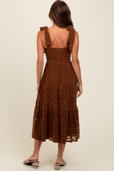 Brown Lace Shoulder Tie Ruffle Hem Midi Dress