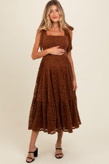 Brown Lace Shoulder Tie Ruffle Hem Maternity Midi Dress