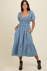 Light Blue Vintage Wash Chambray Smocked Maternity Midi Dress