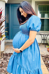 Blue Vintage Wash Chambray Smocked Maternity Midi Dress