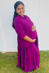 Magenta Collared Button Up Tiered Maternity Midi Dress