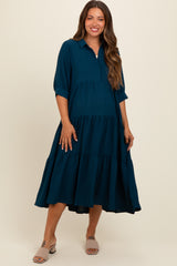 Dark Teal Collared Button Up Tiered Maternity Midi Dress