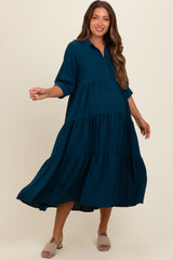 Dark Teal Collared Button Up Tiered Maternity Midi Dress