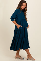 Dark Teal Collared Button Up Tiered Maternity Midi Dress