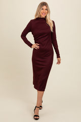 Brown Ruffle Mock Neck Long Sleeve Maternity Midi Dress