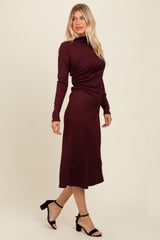 Brown Ruffle Mock Neck Long Sleeve Midi Dress