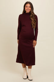 Brown Ruffle Mock Neck Long Sleeve Maternity Midi Dress