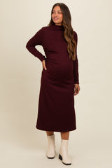 Brown Ruffle Mock Neck Long Sleeve Maternity Midi Dress