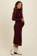 Brown Ruffle Mock Neck Long Sleeve Maternity Midi Dress