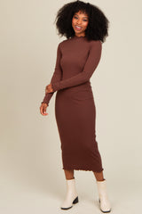 Brown Ruffle Mock Neck Long Sleeve Maternity Midi Dress