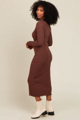 Brown Ruffle Mock Neck Long Sleeve Midi Dress