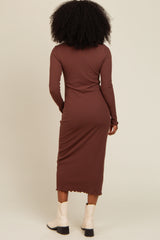 Brown Ruffle Mock Neck Long Sleeve Midi Dress