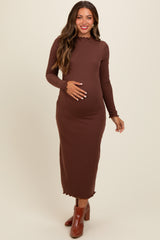 Brown Ruffle Mock Neck Long Sleeve Maternity Midi Dress