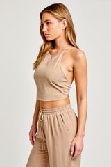 Taupe Halter Neck Linen Crop Top With High Waisted Pants