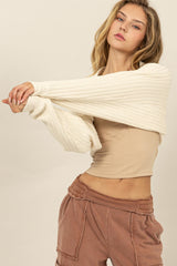 Cream Ribbed Knit Bolero Cardigan