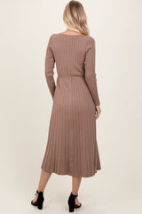 Mocha Pleated Waist Tie Midi Sweater Dress