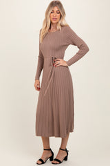 Mocha Pleated Waist Tie Midi Sweater Dress